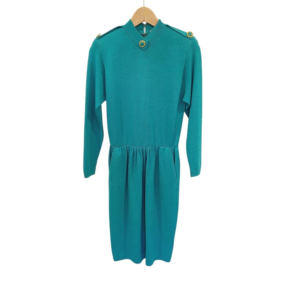 St John by Marie Gray Vintage Green Knit Mock Neck Dress Size 2 USA Epaulets
